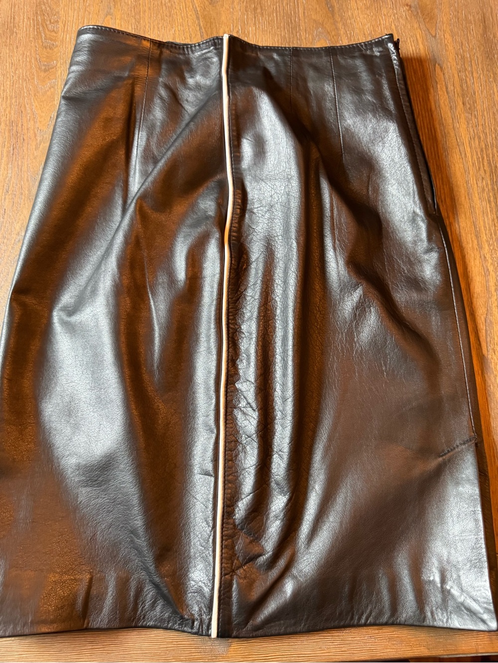 Black Leather Pencil Skirt with Contrast Trim